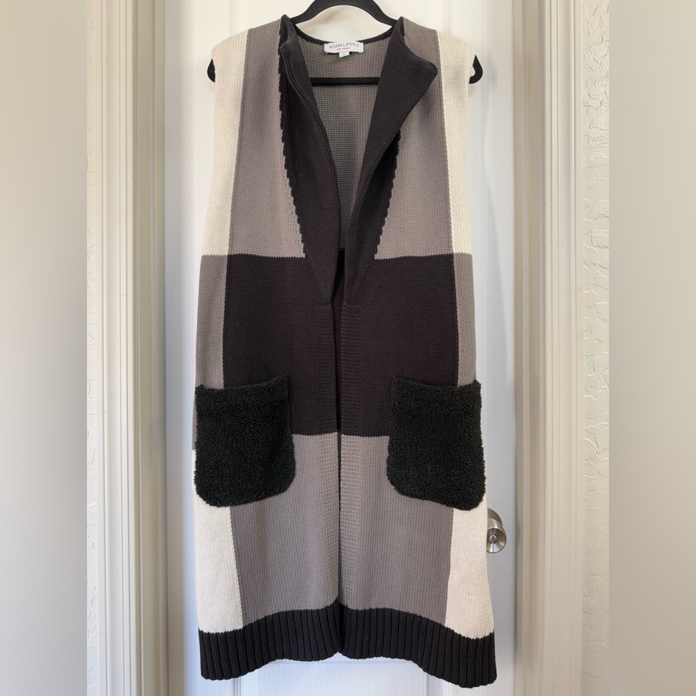 Adam Lippes Cardigan Belted Sleeveless Sweater Long Vest Black/Grey/Cream Size S